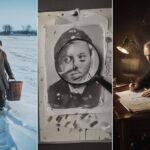 A photorealistic cinematic mosaic showing footprints ending in snow, a frequency HUD analysis of the sky, and Ambrose Bierce at his desk.