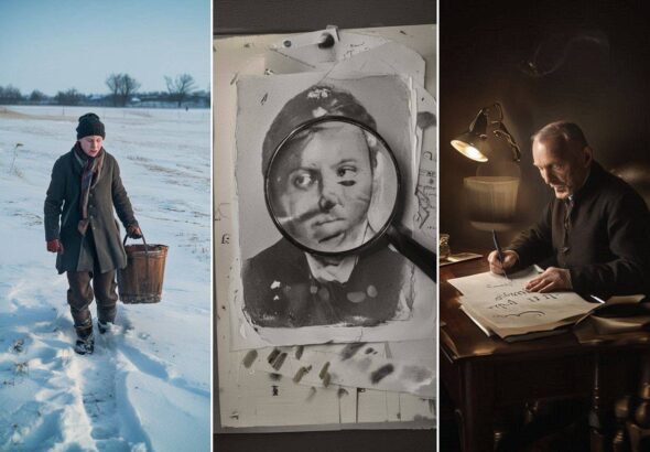 A photorealistic cinematic mosaic showing footprints ending in snow, a frequency HUD analysis of the sky, and Ambrose Bierce at his desk.