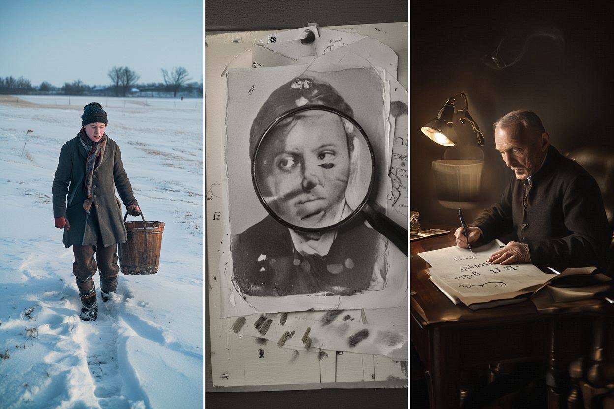 A photorealistic cinematic mosaic showing footprints ending in snow, a frequency HUD analysis of the sky, and Ambrose Bierce at his desk.