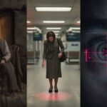 A photorealistic cinematic mosaic showing Owen Parfitt's coat, a red light in a 1970s airport, and a hypnotic eye HUD.