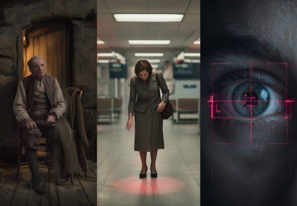 A photorealistic cinematic mosaic showing Owen Parfitt's coat, a red light in a 1970s airport, and a hypnotic eye HUD.