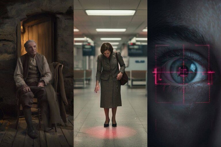 A photorealistic cinematic mosaic showing Owen Parfitt's coat, a red light in a 1970s airport, and a hypnotic eye HUD.