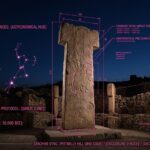 A photorealistic forensic visualization of Gobekli Tepe’s Enclosure D with a tactical neon-magenta HUD overlay showing astronomical alignments.