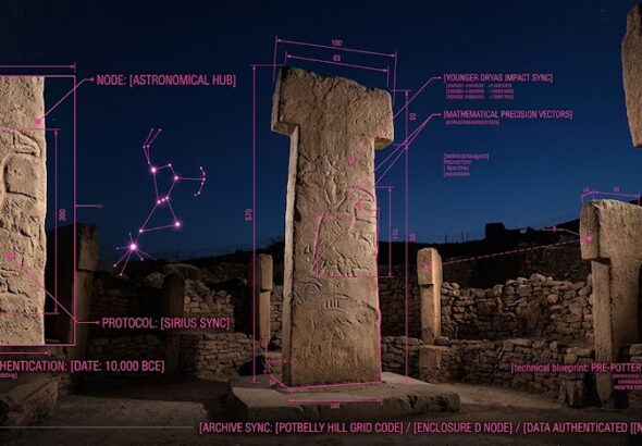 A photorealistic forensic visualization of Gobekli Tepe’s Enclosure D with a tactical neon-magenta HUD overlay showing astronomical alignments.