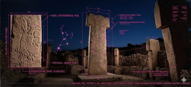 A photorealistic forensic visualization of Gobekli Tepe’s Enclosure D with a tactical neon-magenta HUD overlay showing astronomical alignments.