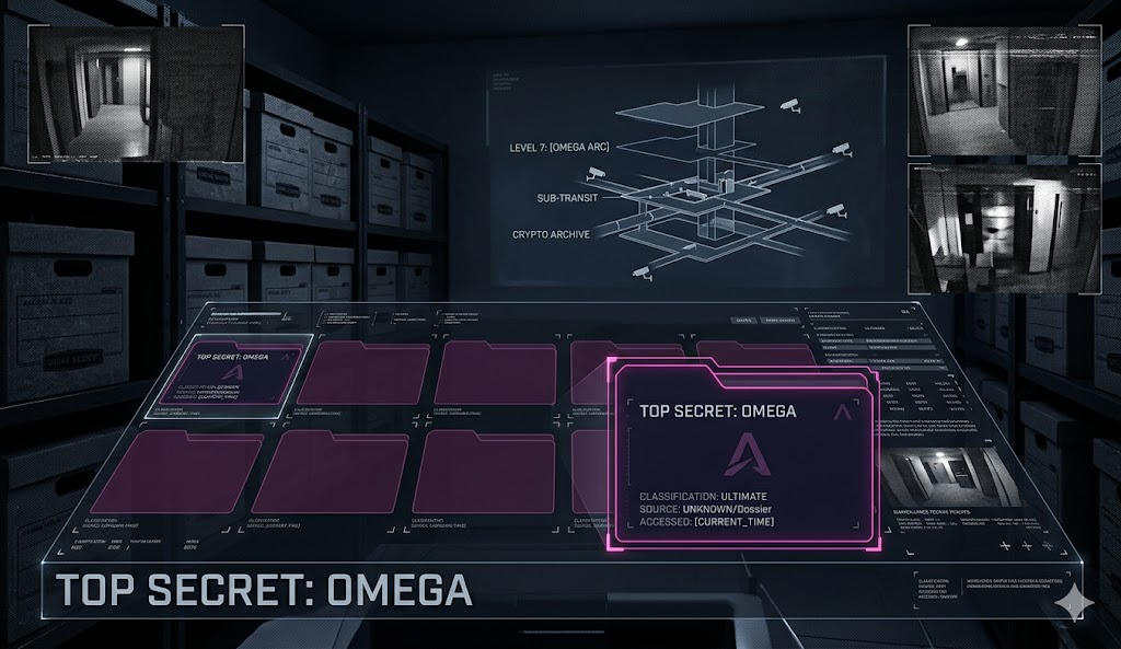 A tactical HUD digital archive displaying secret government dossiers and suppressed writings for Think About It