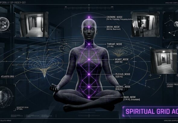 A tactical HUD visualization of human spiritual anatomy and the Atlantis Grid for the Think About It research archive.