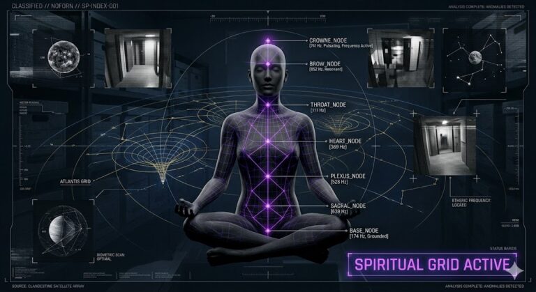 A tactical HUD visualization of human spiritual anatomy and the Atlantis Grid for the Think About It research archive.