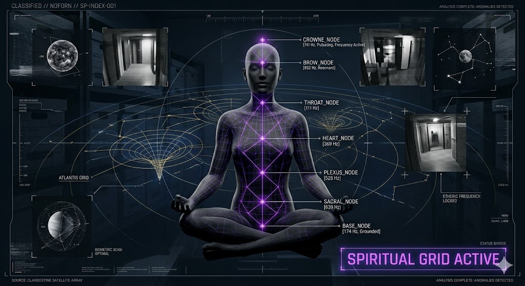 A tactical HUD visualization of human spiritual anatomy and the Atlantis Grid for the Think About It research archive.