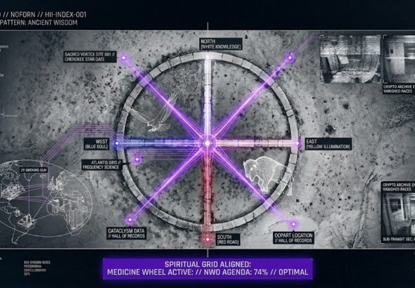 A tactical HUD visualization of a medicine wheel and sacred directional energy for the Think About It research archive.
