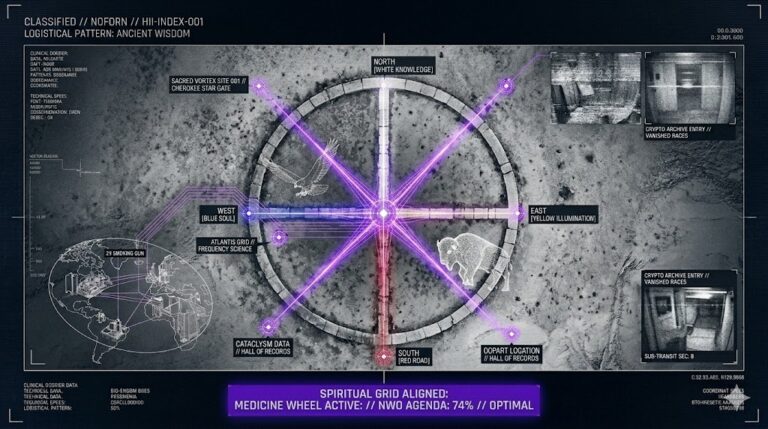 A tactical HUD visualization of a medicine wheel and sacred directional energy for the Think About It research archive.