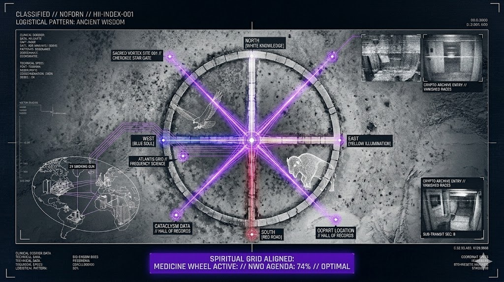 A tactical HUD visualization of a medicine wheel and sacred directional energy for the Think About It research archive.