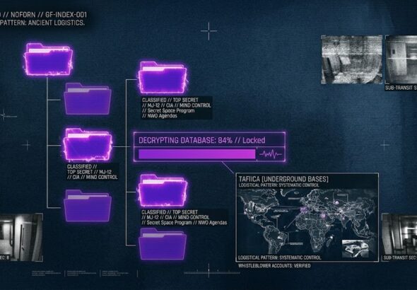 A tactical HUD digital archive displaying secret government dossiers and suppressed writings for Think About It.