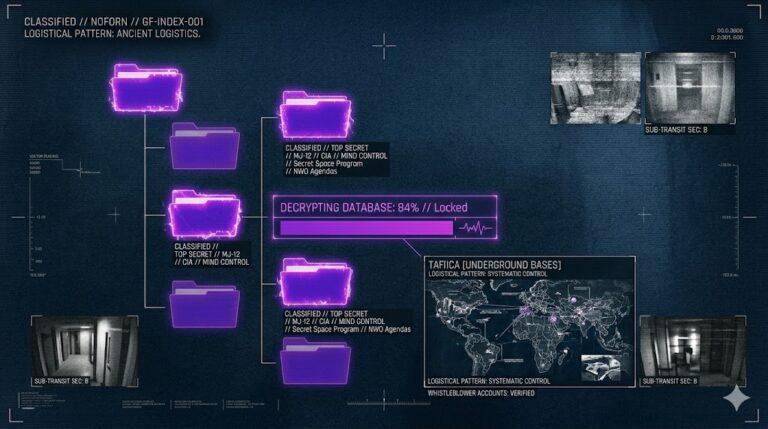 A tactical HUD digital archive displaying secret government dossiers and suppressed writings for Think About It.