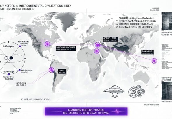A tactical HUD visualization of global ancient civilizations and the intercontinental grid for the Think About It research archive.