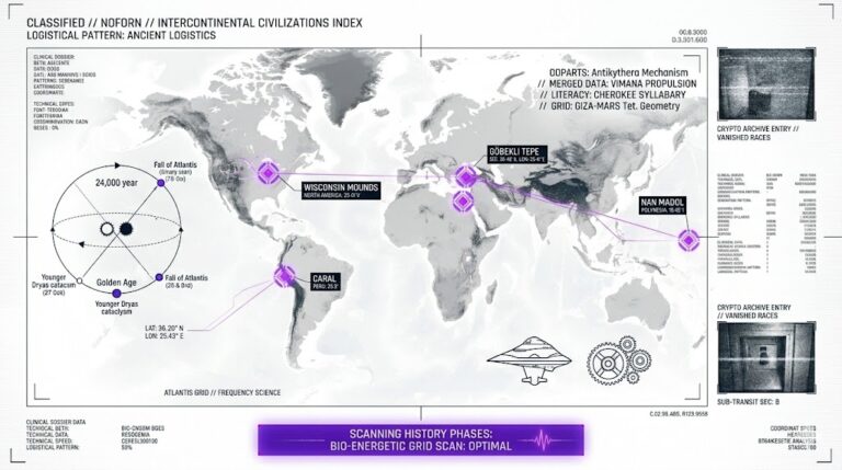 A tactical HUD visualization of global ancient civilizations and the intercontinental grid for the Think About It research archive.