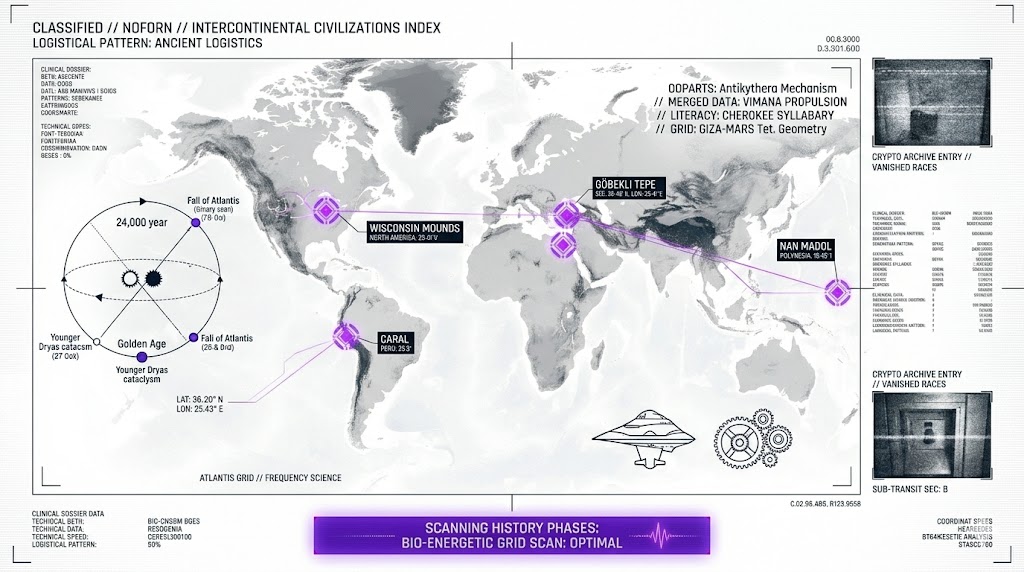 A tactical HUD visualization of global ancient civilizations and the intercontinental grid for the Think About It research archive.