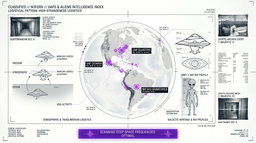 A tactical HUD visualization of global UAP activity and alien presence for the Think About It research archive.