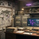 A realistic research office with a world map pinboard, filing cabinets for alternative health and government files, and alien evidence photos.