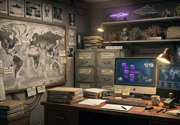 A realistic research office with a world map pinboard, filing cabinets for alternative health and government files, and alien evidence photos.