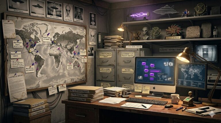 A realistic research office with a world map pinboard, filing cabinets for alternative health and government files, and alien evidence photos.