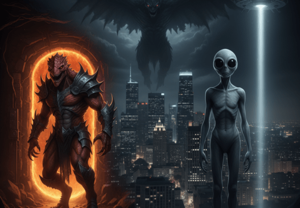 This piece captures the intense, high-contrast clash of the subterranean red-scaled warrior and the celestial cold-light of the grey figure, with the massive shadowy entity looming over the modern city. The overall feel hits that intersection of ancient cosmic horror,Barbarian Monsters and futuristic sci-fi.