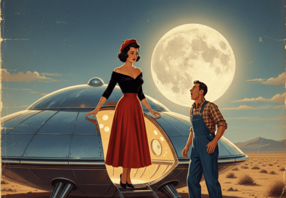 A vintage-style 1950s illustration of a beautiful woman with olive skin and short black hair, wearing a red beret, a black velvet blouse, and a red skirt. She is standing at the open hatch of a massive, gleaming steel flying saucer in the Nevada desert under a bright moon. Standing before her is a man in 1950s work clothes, looking at her with an expression of pure awe.