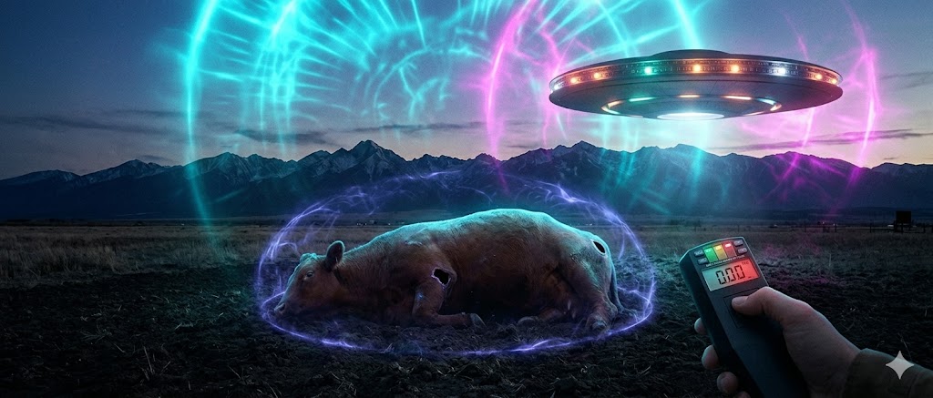 Cinematic photorealistic visualization of a cattle mutilation field investigation in Trinidad, Colorado, showing EMF anomalies.