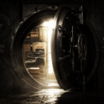 Massive vault door opening with light pouring through revealing classified UFO files and government documents inside