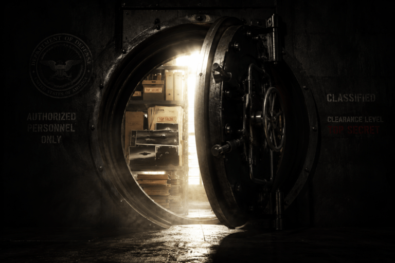 Massive vault door opening with light pouring through revealing classified UFO files and government documents inside