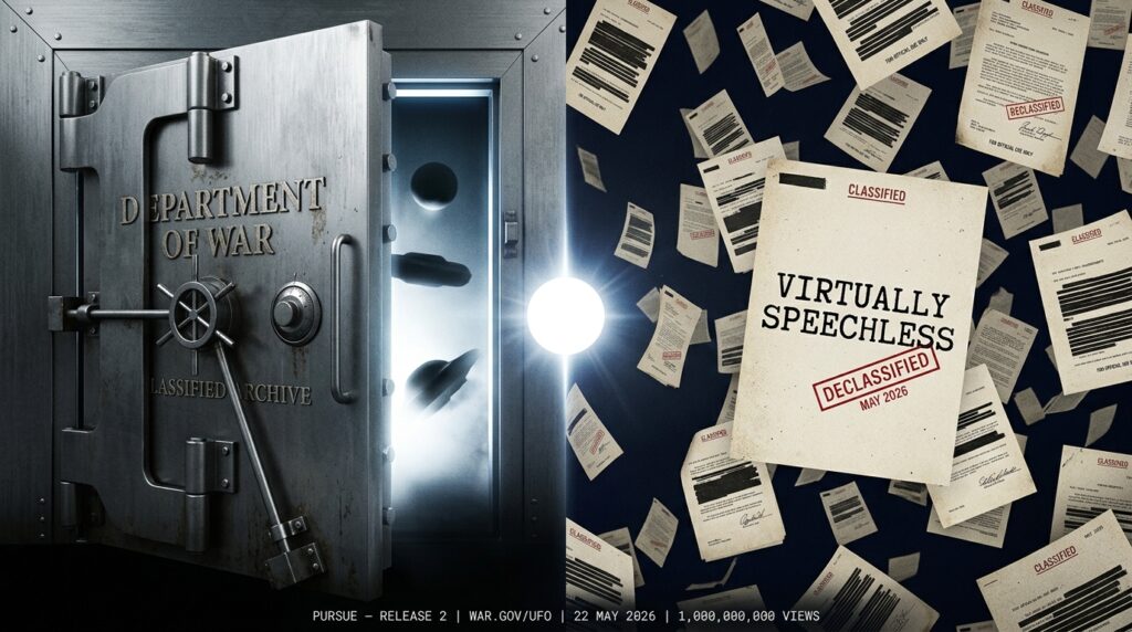 Dramatic composite image showing a classified Department of War vault door swinging open with UAP silhouettes visible in the light behind it alongside cascading declassified document pages including one reading virtually speechless and a single glowing white orb at the center marking the Pentagon second UAP file release May 22 2026