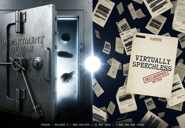Dramatic composite image showing a classified Department of War vault door swinging open with UAP silhouettes visible in the light behind it alongside cascading declassified document pages including one reading virtually speechless and a single glowing white orb at the center marking the Pentagon second UAP file release May 22 2026