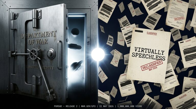 Dramatic composite image showing a classified Department of War vault door swinging open with UAP silhouettes visible in the light behind it alongside cascading declassified document pages including one reading virtually speechless and a single glowing white orb at the center marking the Pentagon second UAP file release May 22 2026