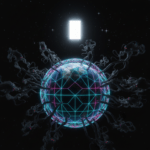 A symbolic depiction of Earth as a prison planet surrounded by a frequency matrix and Archon entities.