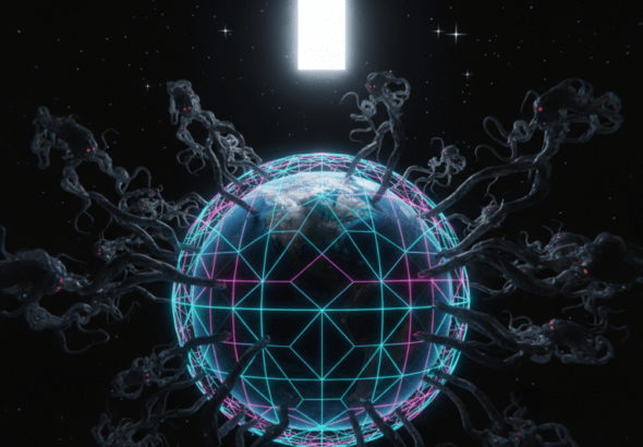 A symbolic depiction of Earth as a prison planet surrounded by a frequency matrix and Archon entities.