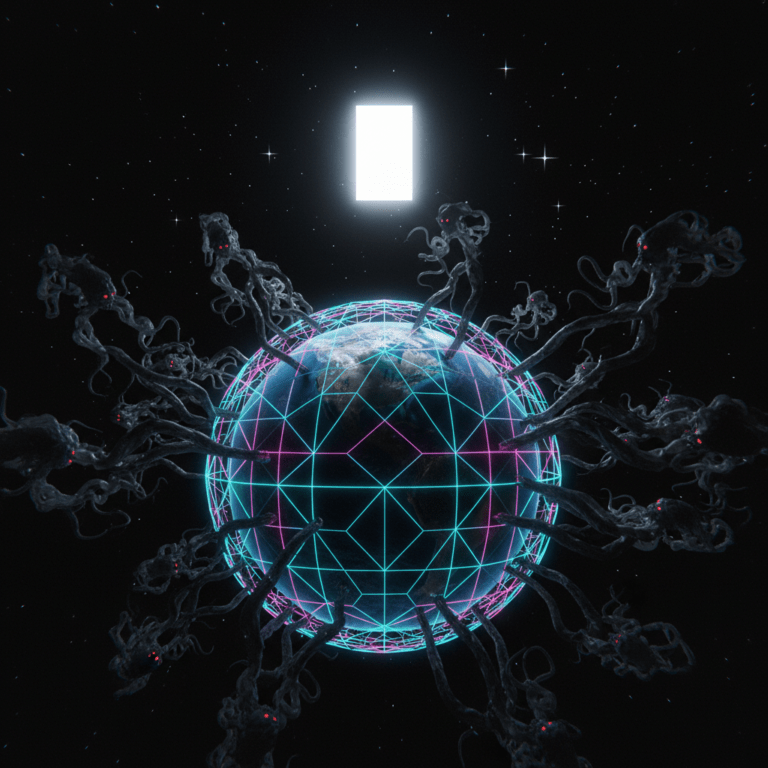 A symbolic depiction of Earth as a prison planet surrounded by a frequency matrix and Archon entities.