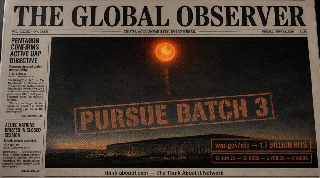 Dossier-style headline image showing an orange mother orb deploying red orbs above the Pentagon silhouette with PURSUE BATCH 3 stamped across the frame
