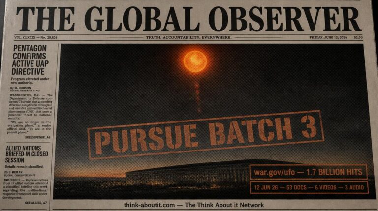 Dossier-style headline image showing an orange mother orb deploying red orbs above the Pentagon silhouette with PURSUE BATCH 3 stamped across the frame