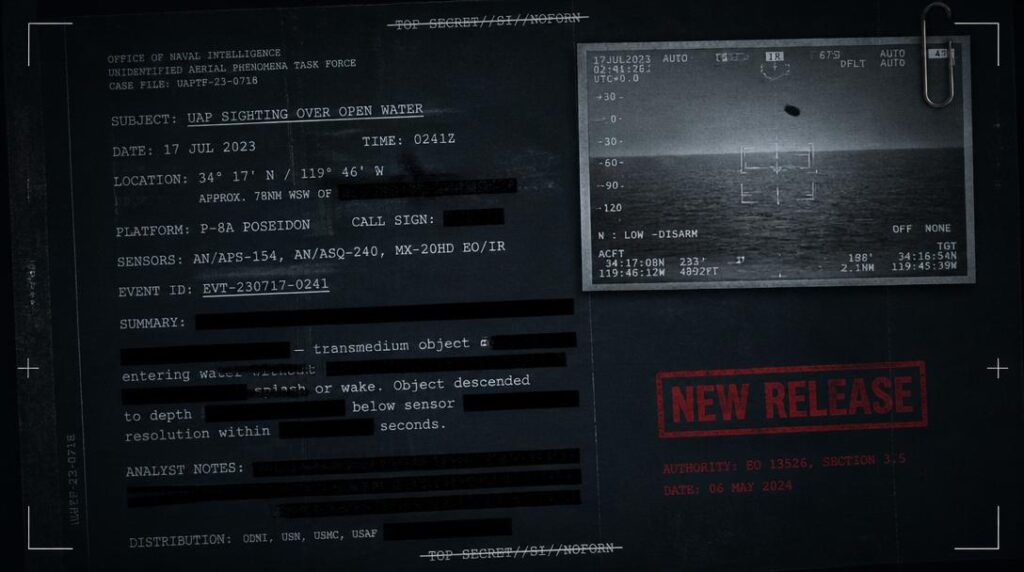 Redacted Pentagon UAP document stamped NEW RELEASE with inset infrared thumbnail of a floating brain UAP sighting