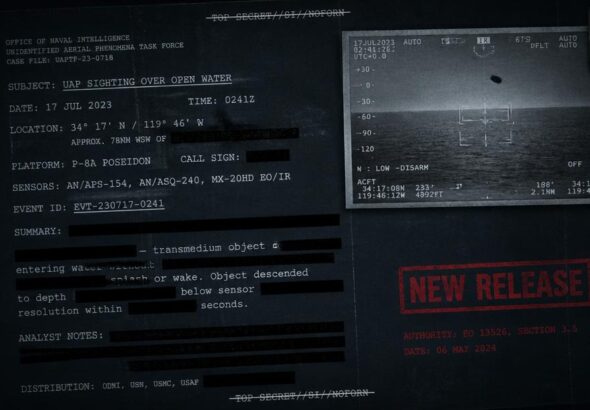 Redacted Pentagon UAP document stamped NEW RELEASE with inset infrared thumbnail of a floating brain UAP sighting