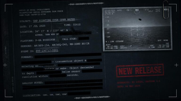Redacted Pentagon UAP document stamped NEW RELEASE with inset infrared thumbnail of a floating brain UAP sighting