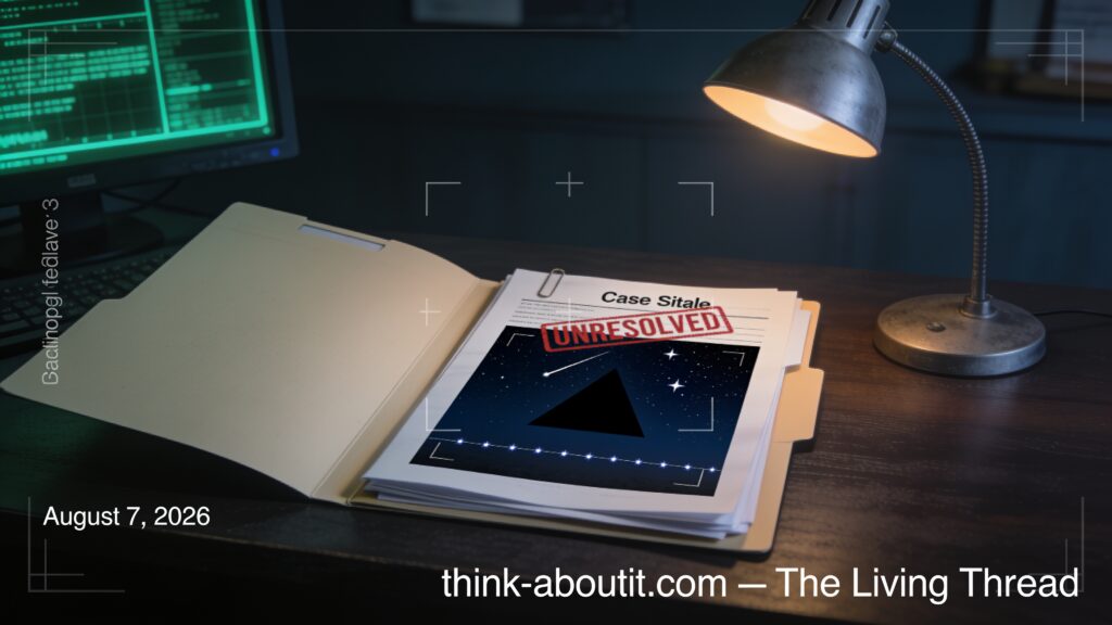 Dossier-style illustration of an open government case file marked UNRESOLVED giving way to a night sky with a silent triangle blacking out stars