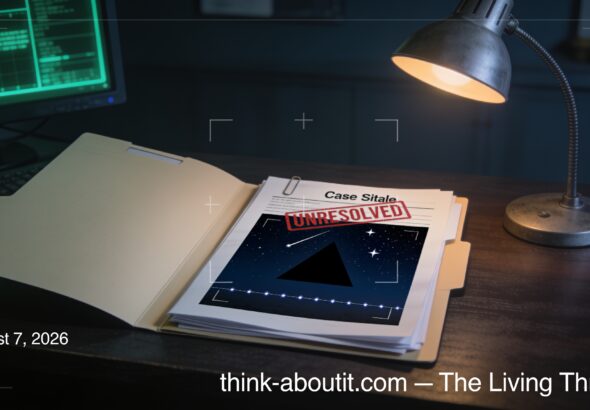 Dossier-style illustration of an open government case file marked UNRESOLVED giving way to a night sky with a silent triangle blacking out stars