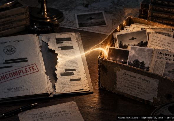 An incomplete government UFO file folder beside a glowing private archive box, symbolizing AARO's need for NUFOHRC's records