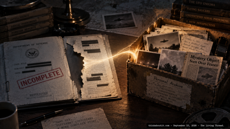 An incomplete government UFO file folder beside a glowing private archive box, symbolizing AARO's need for NUFOHRC's records