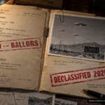 Illustration of a 1952 UFO case file stamped closed being overwritten by a 2026 declassification stamp, referencing new Pentagon UAP file releases