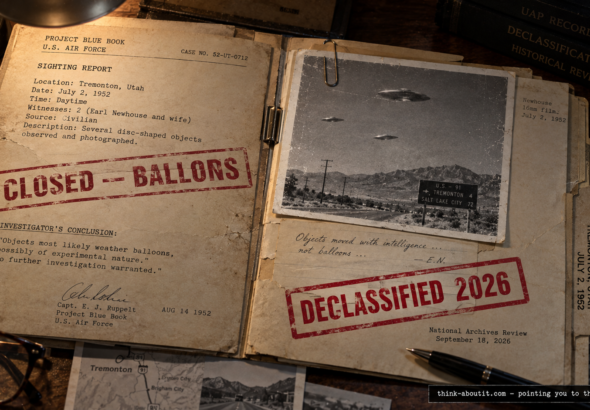 Illustration of a 1952 UFO case file stamped closed being overwritten by a 2026 declassification stamp, referencing new Pentagon UAP file releases