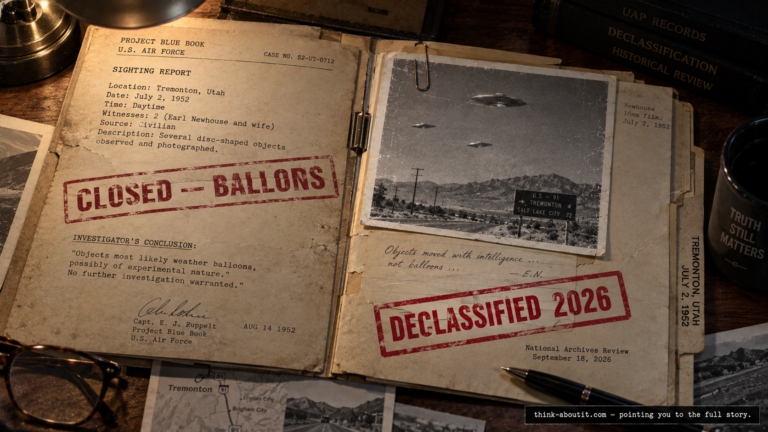Illustration of a 1952 UFO case file stamped closed being overwritten by a 2026 declassification stamp, referencing new Pentagon UAP file releases