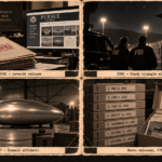 Four vintage-style panels: the PURSUE archive desk, a black triangle at a secure site, the Roswell hangar in 1947 and seven stacked file boxes for 478 records.