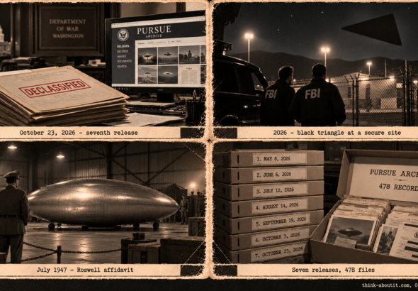 Four vintage-style panels: the PURSUE archive desk, a black triangle at a secure site, the Roswell hangar in 1947 and seven stacked file boxes for 478 records.
